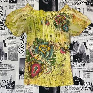 O'Lala USA Women's tattoo sheer off the shoulder shirt y2k vintage